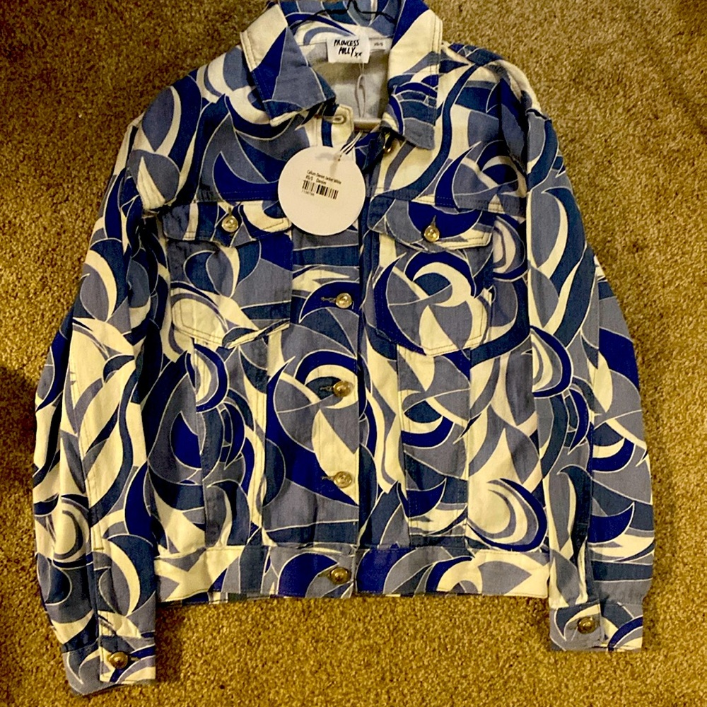 NWT princess Polly xs/s callum denim jacket white and blue. Button down